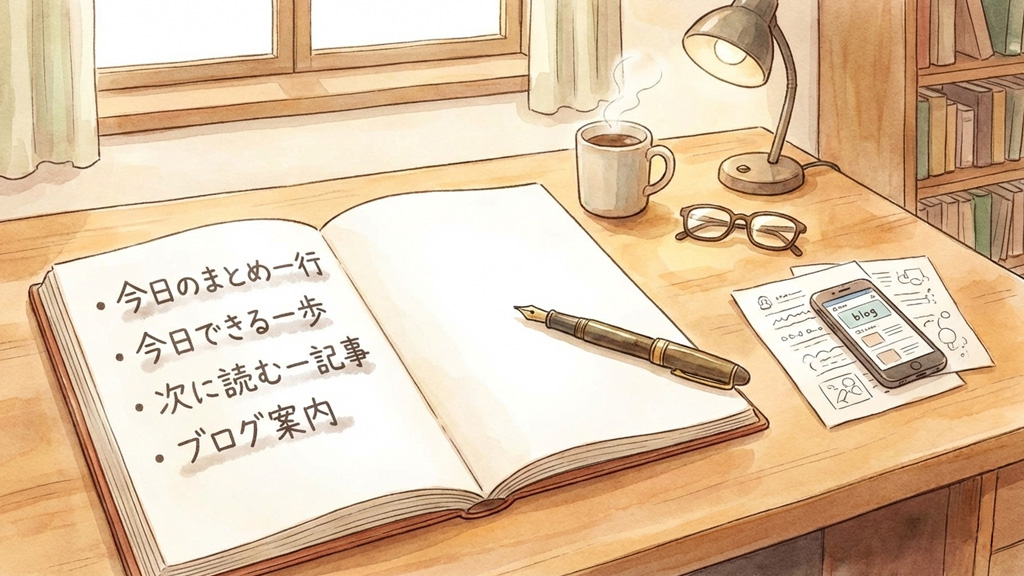 記事の終わり方を決めるために四つのしめ方パーツを書き出したノート