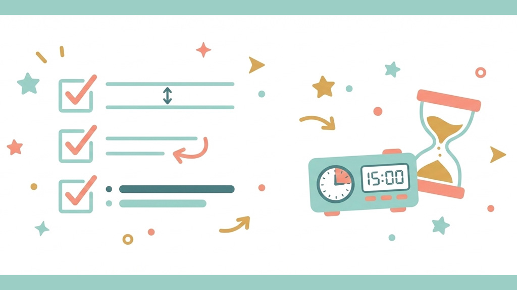 チェックリストとタイマーが並んでいて、「1段落だけ整えるゲーム」の雰囲気。