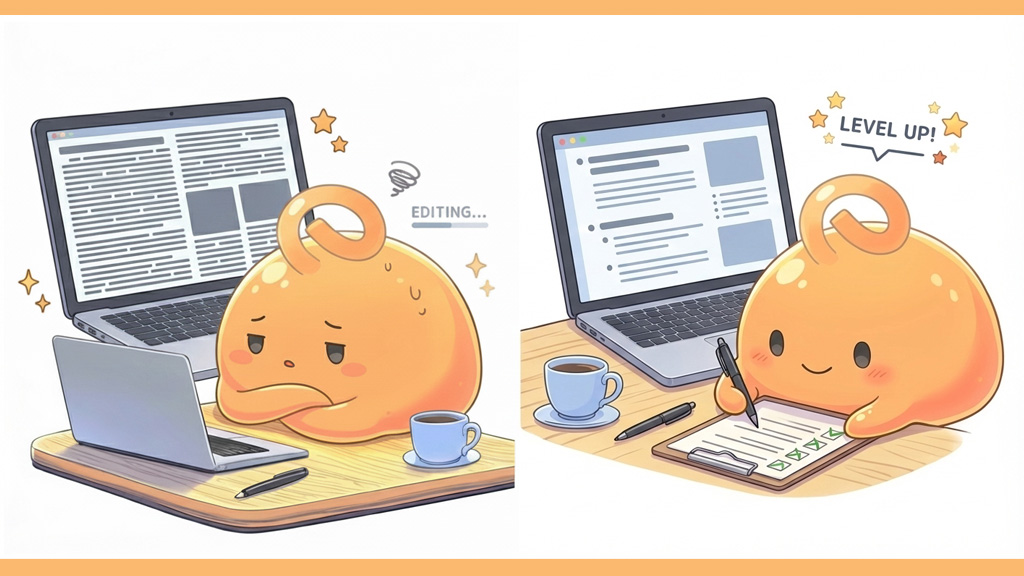 ブログの修正に悩む人とチェックリストで少し気持ちが軽くなった人を描いた2コマイラスト
