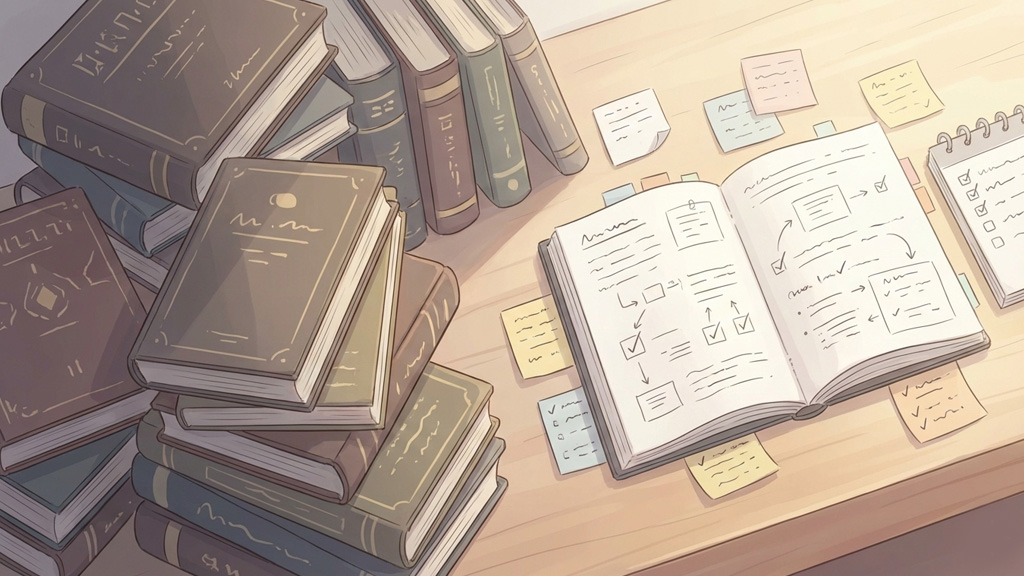 本の山と、メモや付箋が貼られたノートが対比されているイラスト。