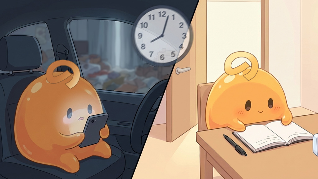 車内でスマホを見る夜と、机でノートを開いて15分を過ごす夜の分かれ道を描いたイラスト
