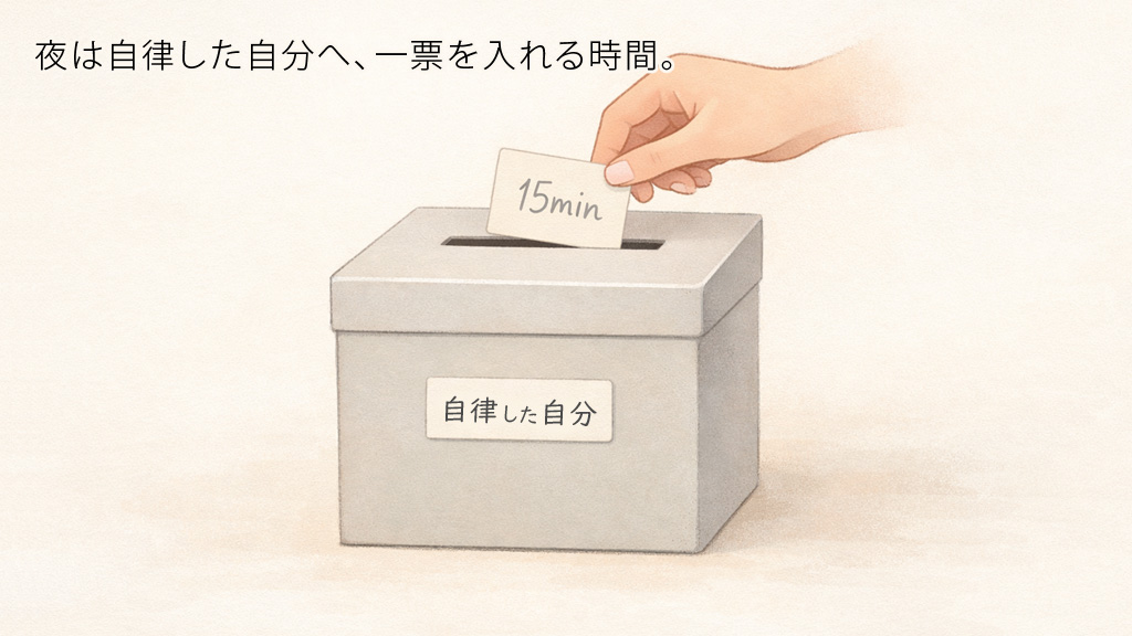 「自律」と書かれた投票箱に、15分と書かれた小さな投票用紙を入れているイラスト
