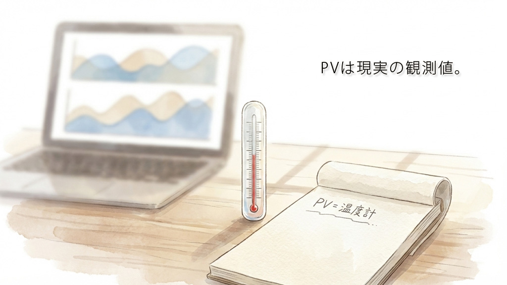 PVを温度計として捉えるメモと温度計のイラスト