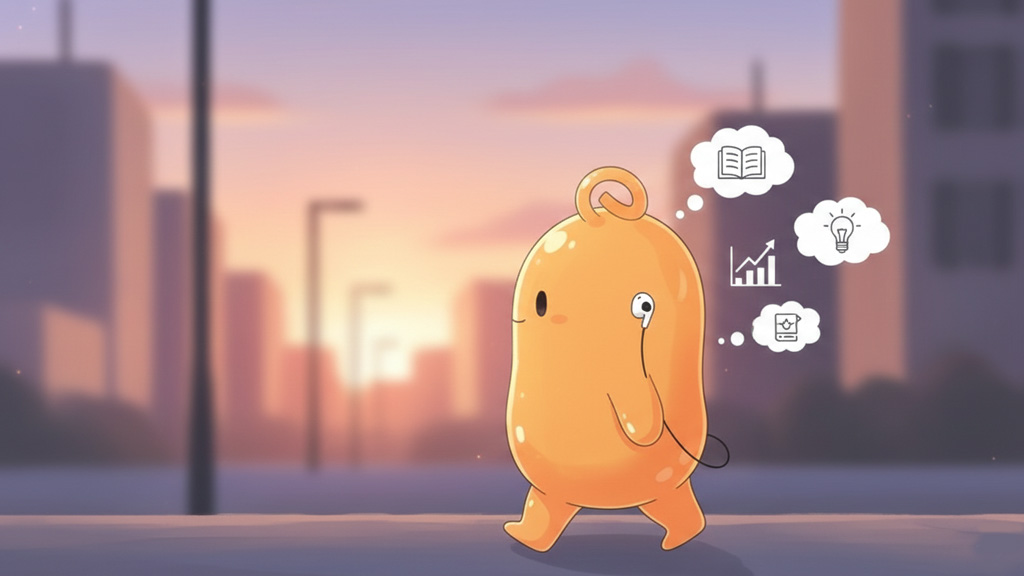 散歩中に片耳イヤホンで音声学習をしているのイラスト