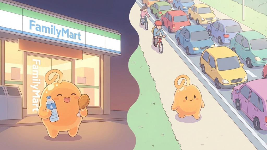 夜のコンビニ前と朝の通勤道路を歩く男性を左右に描いた、のりてら式散歩のイメージイラスト