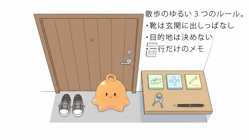 玄関に出しっぱなしの靴とメモが置かれた、今すぐ散歩に出られる状態を表現したイラスト