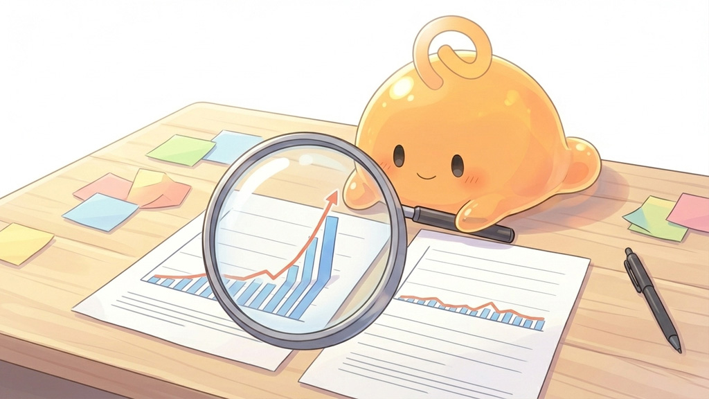 虫眼鏡で2つのレポートを見比べて数字の違いを確かめるのりてらスライム