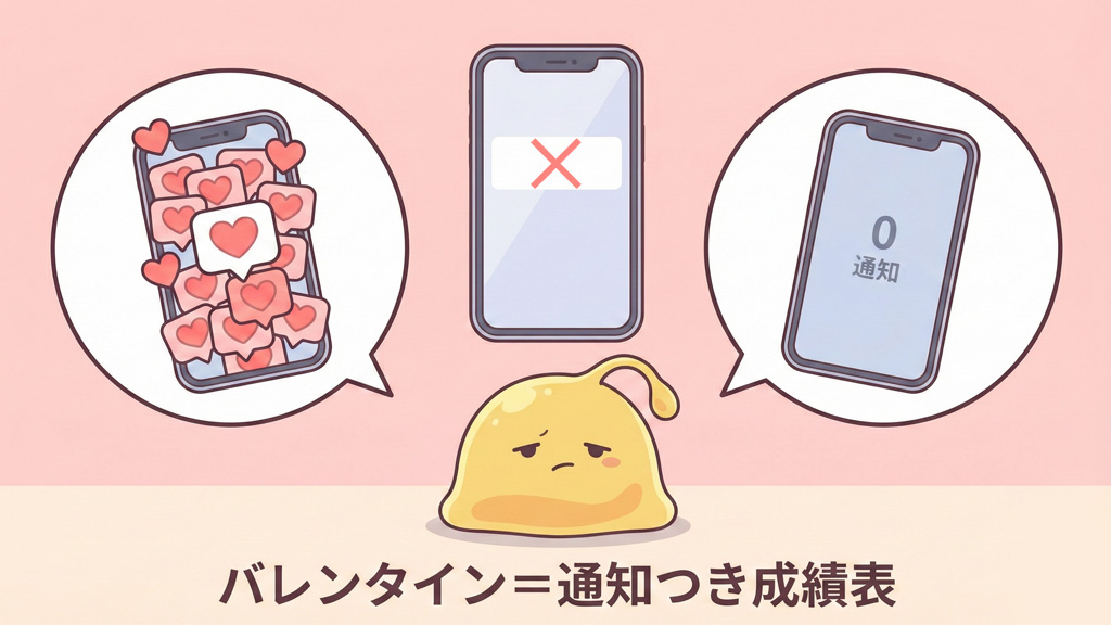 バレンタインの通知が多い人と通知ゼロの自分を比べてしまう様子を描いたイラスト