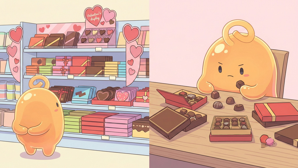 バレンタイン売り場を美術館のように眺め、自分用チョコを真剣に選ぶイラスト