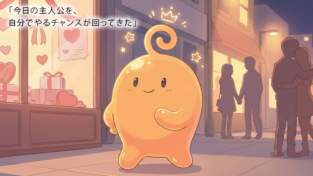 バレンタインの夜道を、一人でも主人公として歩くのりさんスライムのイラスト