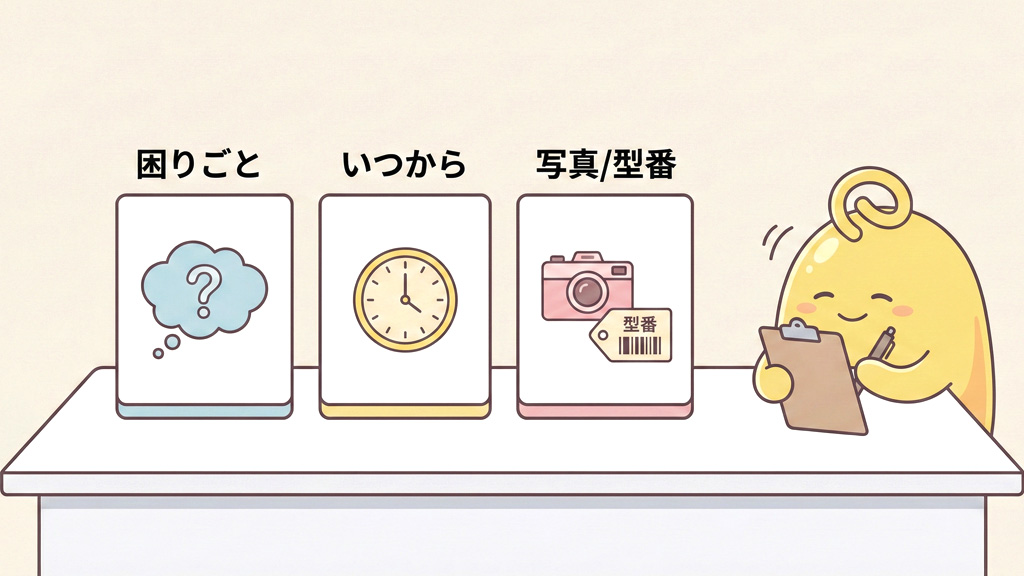 相談を整理する3つの質問（困りごと・いつから・写真/型番）を示す図解