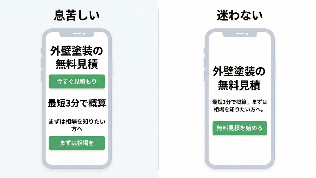 同じ内容のファーストビューを、余白がなく情報が密集した状態と、余白をとって主役とCTAを一つに絞った状態で比較した図