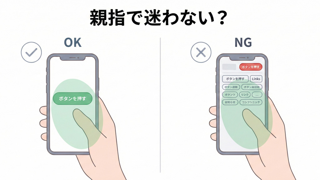 スマホを片手で持ったときの親指の届く範囲と、CTAボタンの位置の違いから、余白やボタン配置によって押しやすさが変わることを示した図