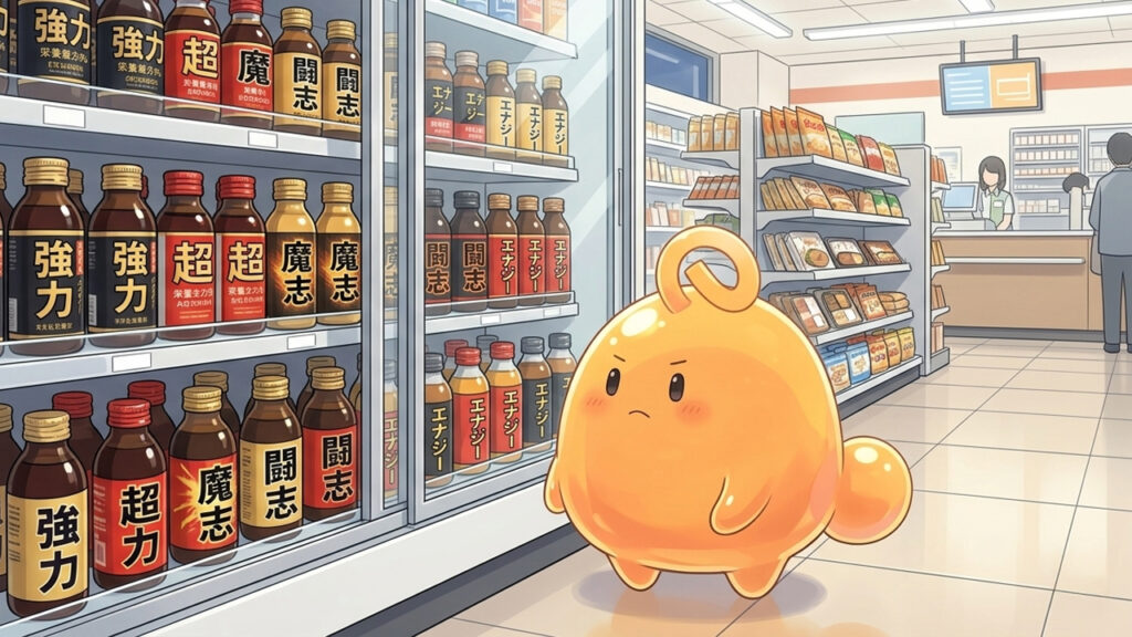 コンビニで栄養ドリンクの棚の前に立ち、少し気持ちを立て直そうとするのりてらスライムの画像