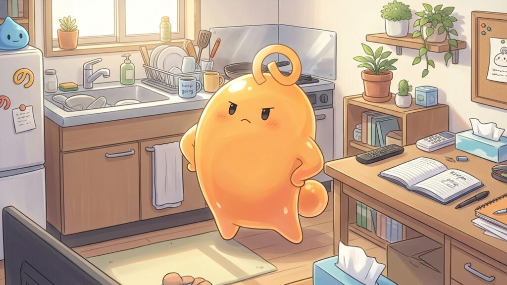 コンビニで栄養ドリンクの棚の前に立ち、少し気持ちを立て直そうとする画像