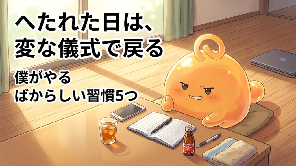 昼の部屋で少し疲れたのりてらスライムが、自分を立て直すための変な習慣を始めようとしているアイキャッチ画像