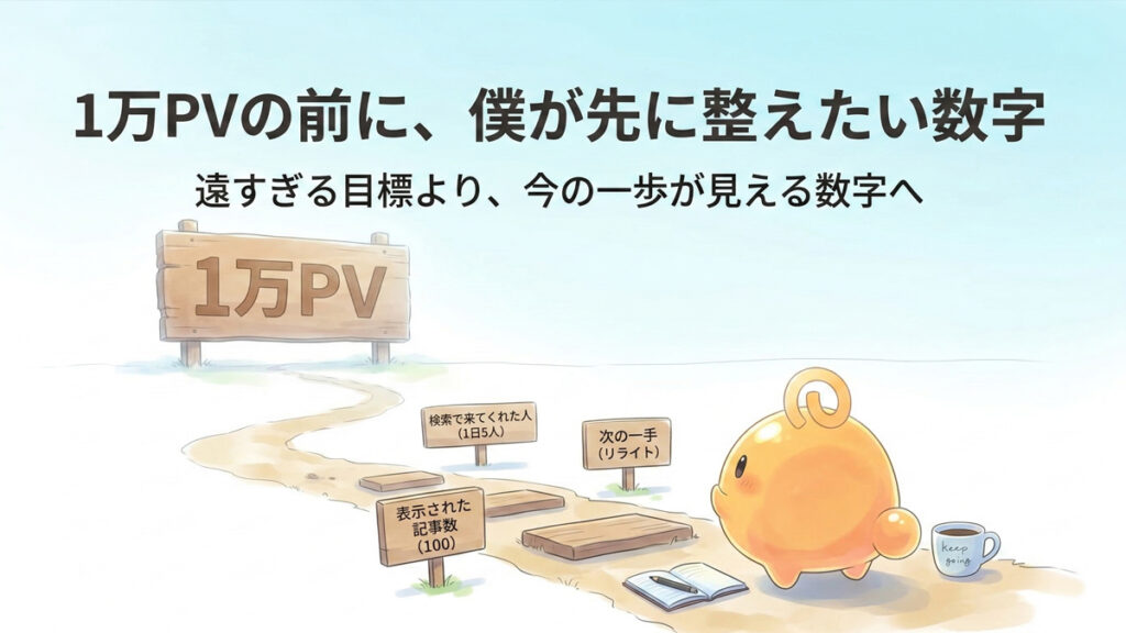 遠くの1万PVの看板と手前の小さな足場を見つめるのりてらスライム。遠すぎる目標より今の一歩が見える数字を考える記事のアイキャッチ