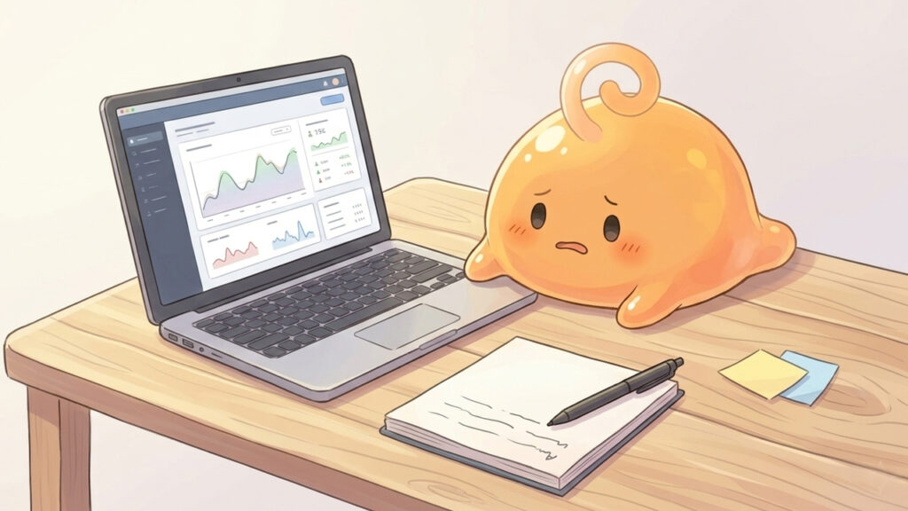 小さく動いたグラフをノートPCで見ながら、手応えの曖昧さに迷う手元のイメージ