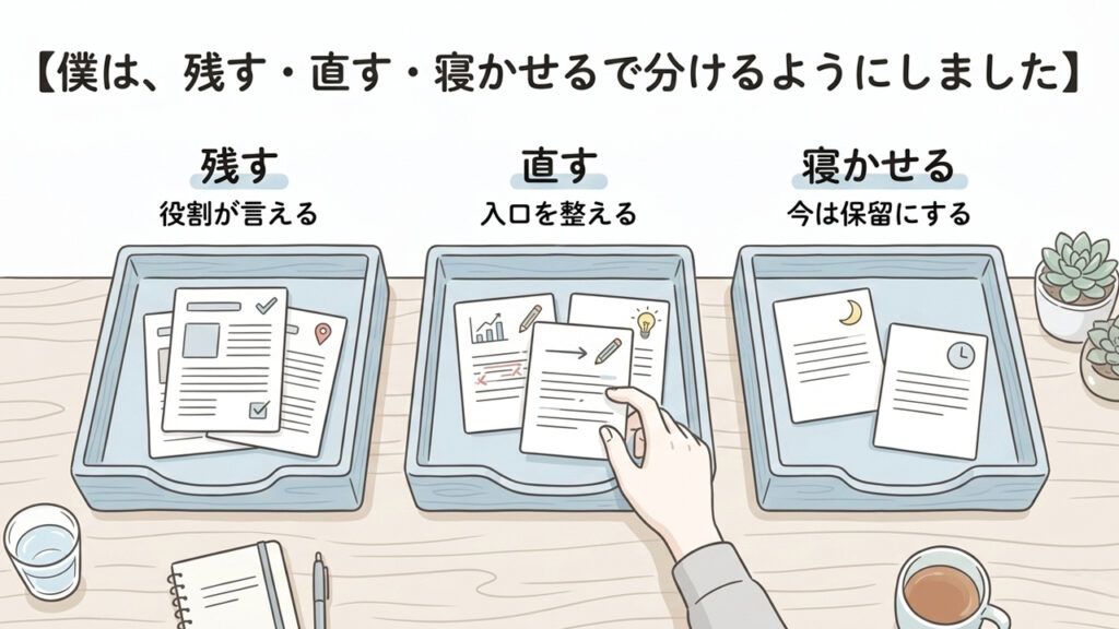 机の上で記事カードを残す・直す・寝かせるの3つに分けている文字付きイラスト