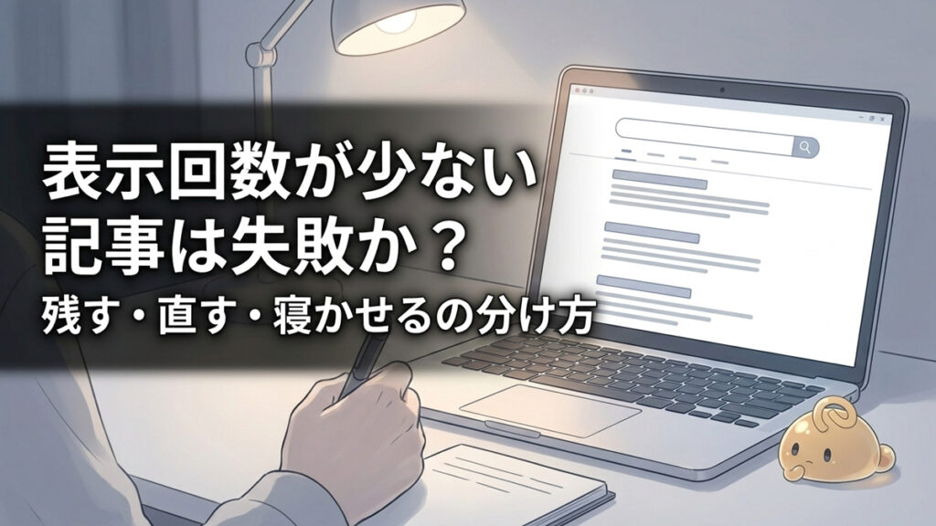 夜のデスクで検索結果を見ながら、自分の記事が見つからず考え込む手元。表示回数が少ない記事の判断を考えるブログ記事のアイキャッチ