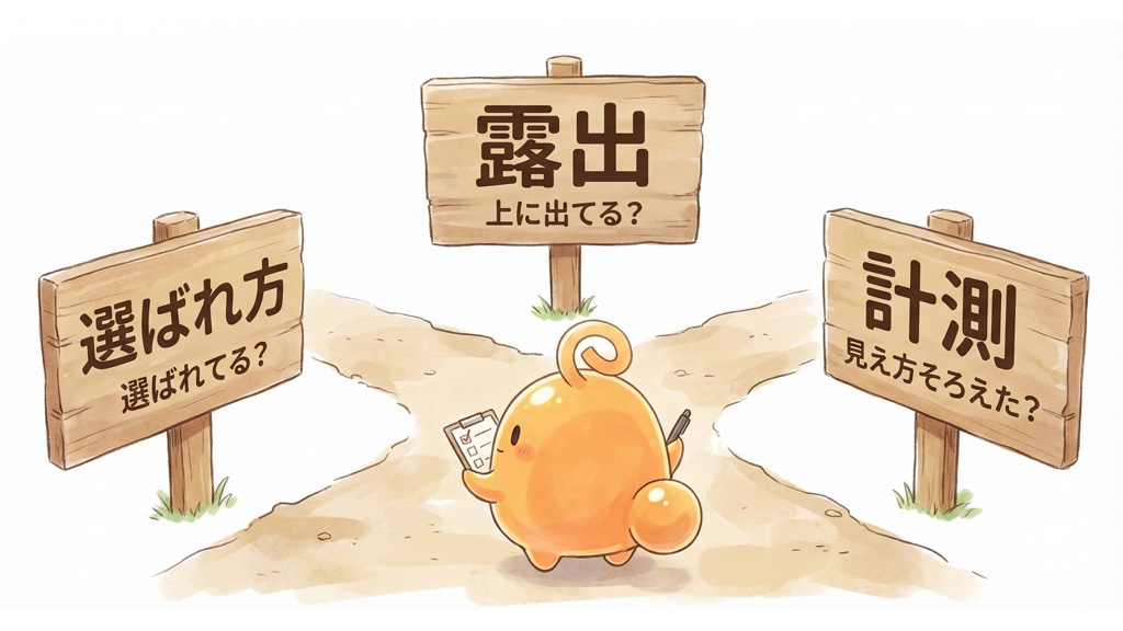 露出・選ばれ方・計測の3つに切り分けて判断するイメージ