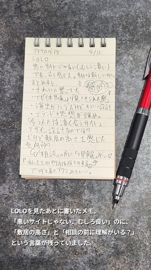 サイトを見たあとに書いた手書きメモの写真