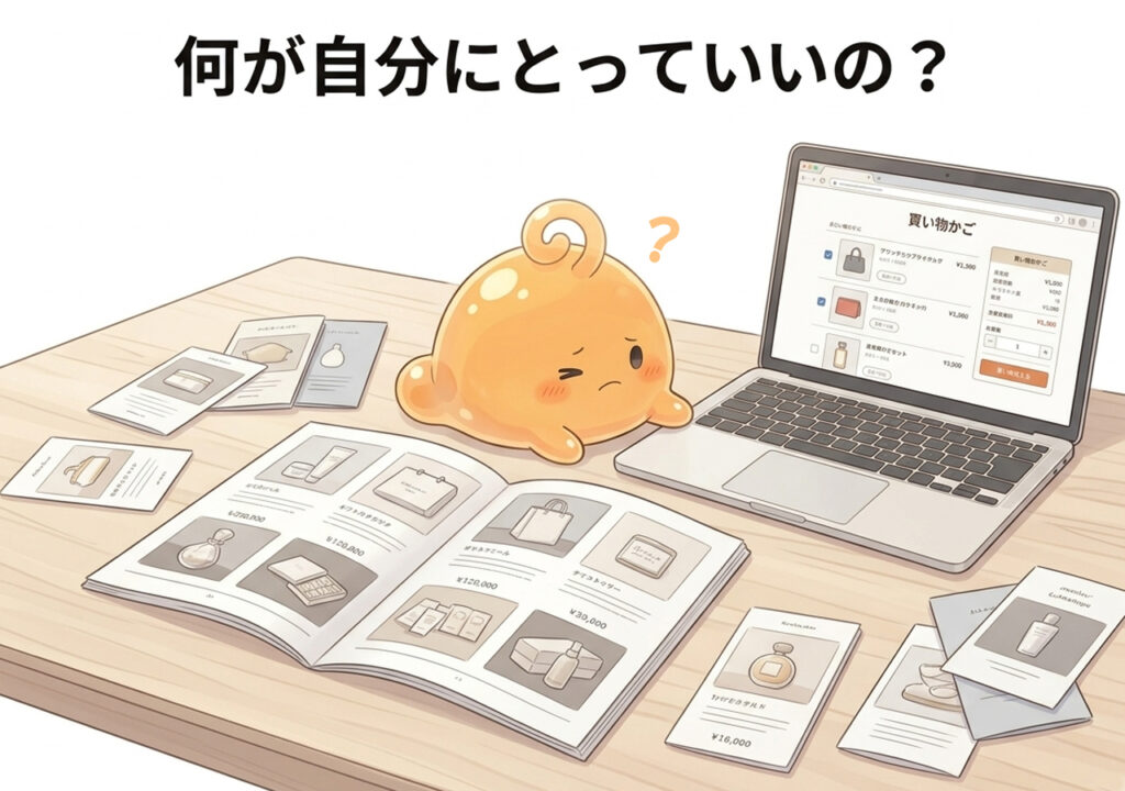 ギフトカタログと買い物かご画面を前に、何を選べばいいか迷っているのりてらスライムのイラスト