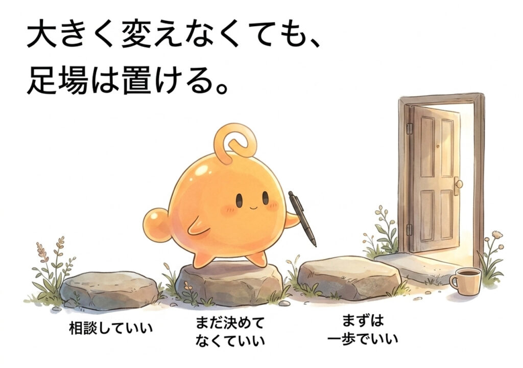 小さな足場を渡って問い合わせの入口へ進むのりてらスライムのまとめ用イメージ