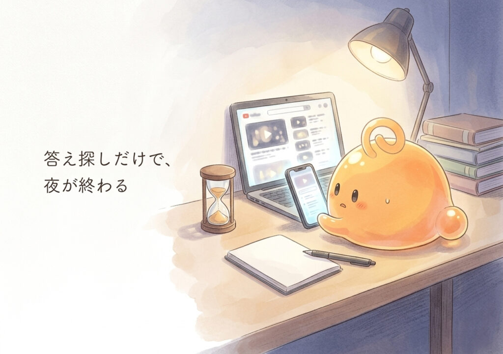 夜の机でスマホやパソコンを見ながら迷うのりてらスライム。答え探しだけで時間が過ぎる場面のイラスト