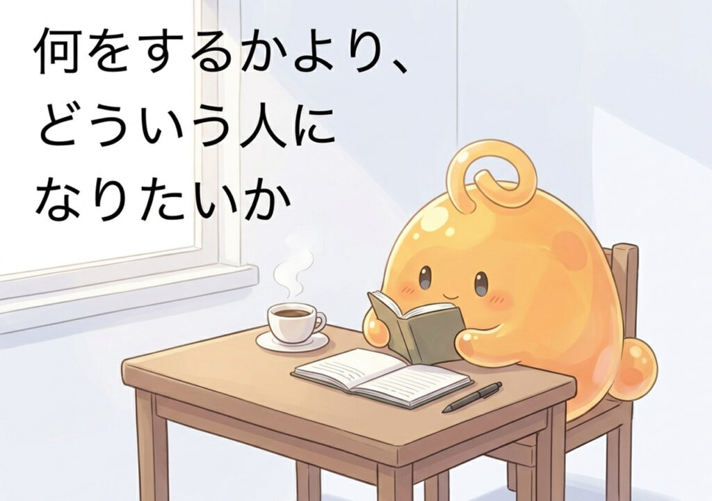 本を読みながら考え込むのりてらスライム。アトミックハビッツをきっかけに問いの向きが変わる場面のイラスト