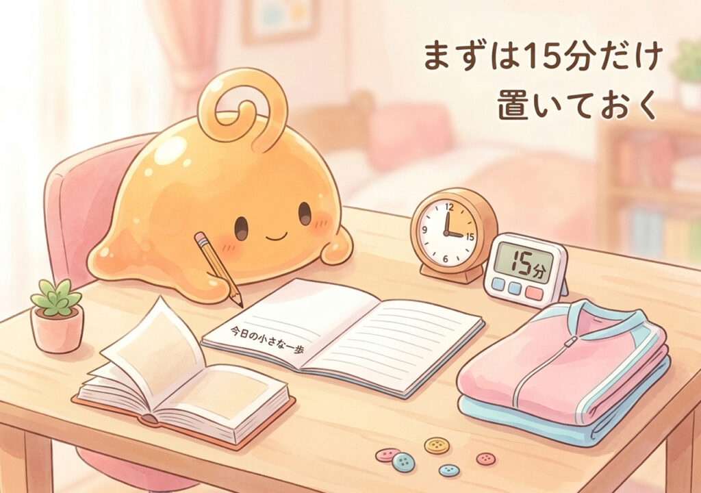 机でノートや本に向かうのりてらスライム。まずは15分だけ置いておくという小さな習慣の始まりを描いたイラスト