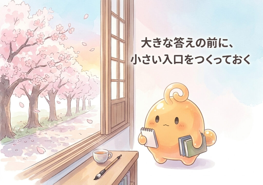 やりたいことが分からない春に小さい入口をつくる大切さを表したのりてらスライムのイラスト