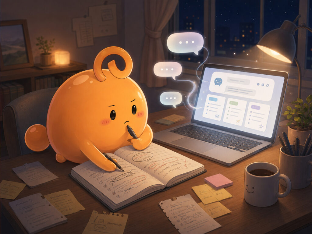 AIの提案を見ながらノートに赤入れし、自分の本音に近づこうとしているのりてらスライム