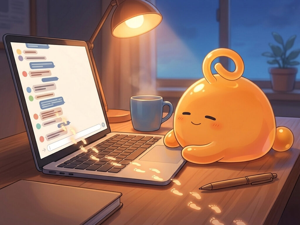 AIとのチャット履歴を足跡のように見つめ、前進の跡として感じているのりてらスライム