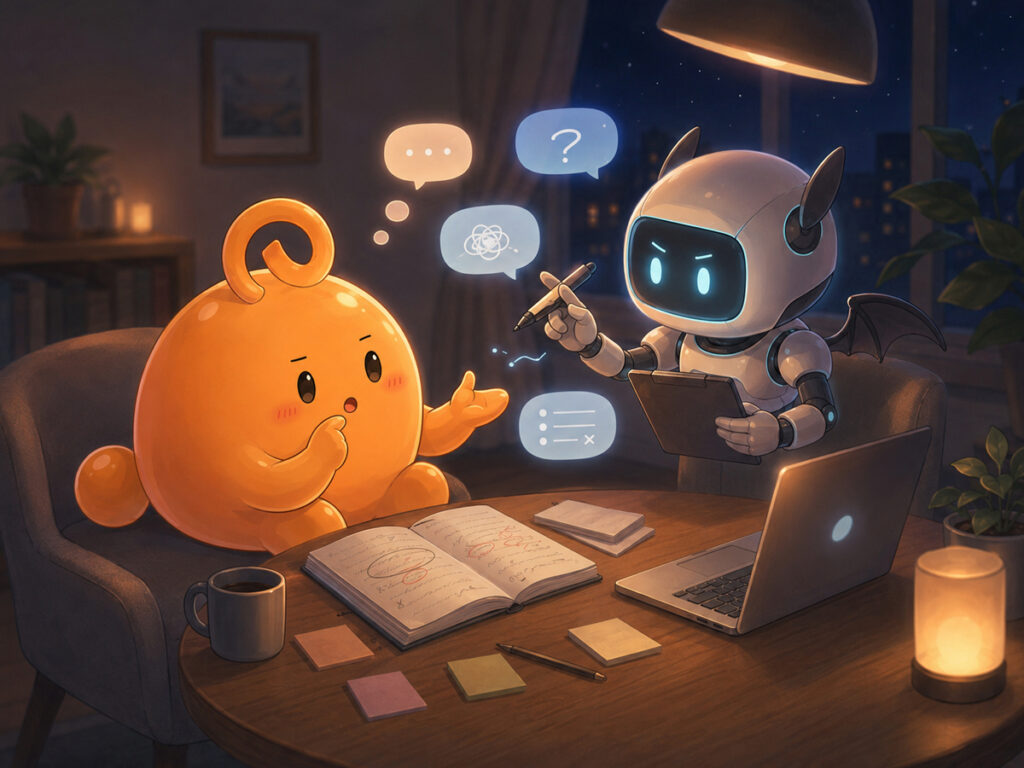 編集者兼デビルのようなAIロボットと、原稿を見ながら壁打ちするのりてらスライム