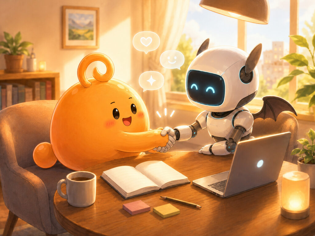 明るい部屋でAIロボットと握手し、よい距離感で協力するのりてらスライム