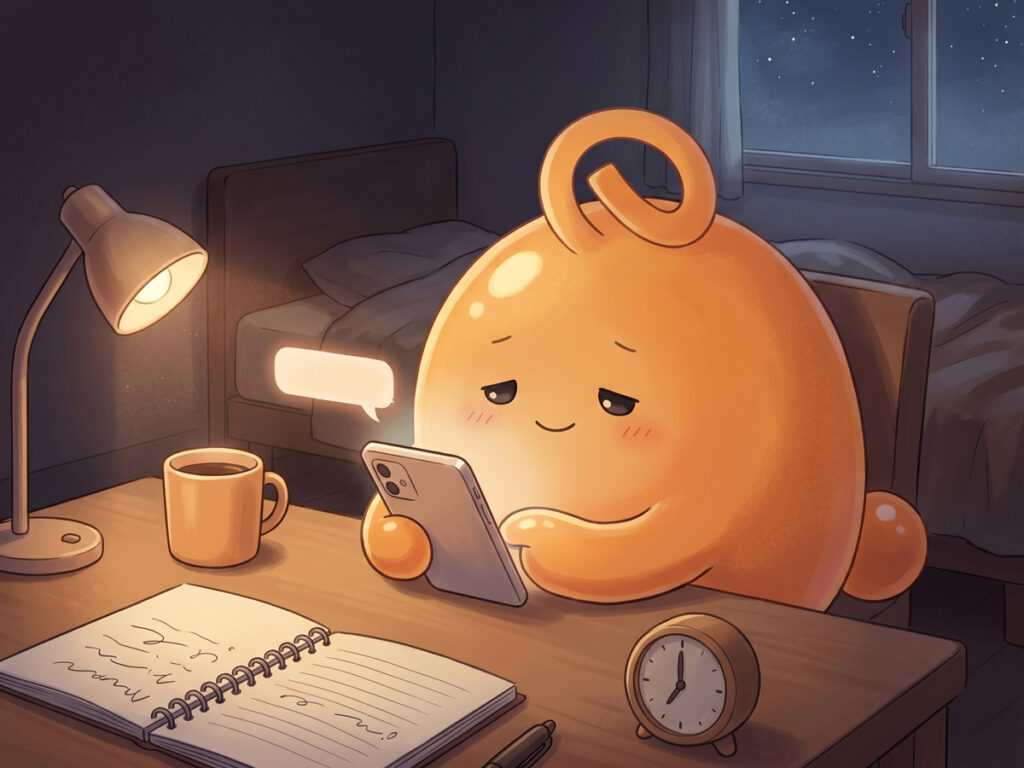 静かな部屋で、今日あった小さなことをAIに話してほっとしているのりてらスライム