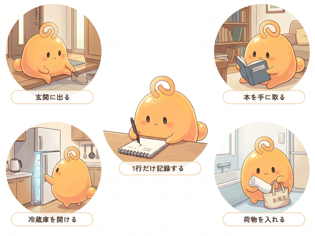 玄関に出る、本を手に取る、冷蔵庫を開けるなど小さな行動を並べた画像