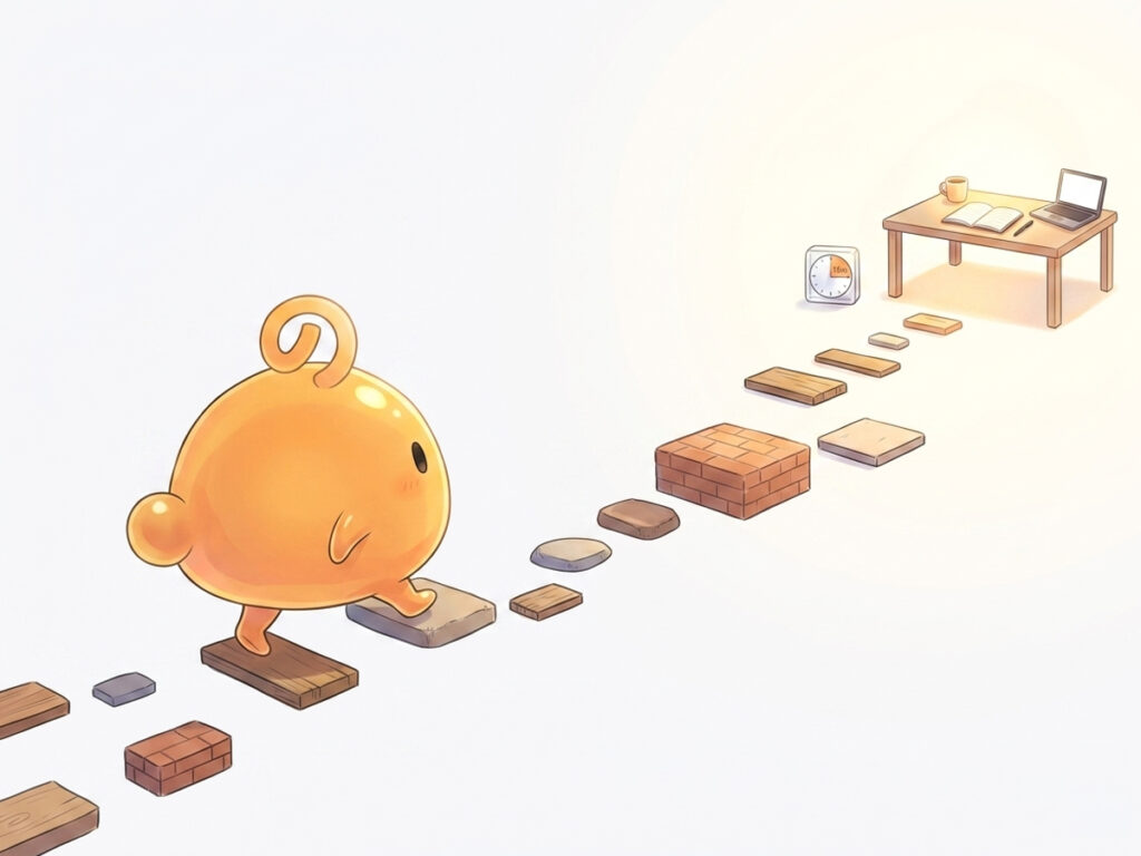 15分のタイマーをそばに、ブログを書くための小さな足場を作るのりてらスライム