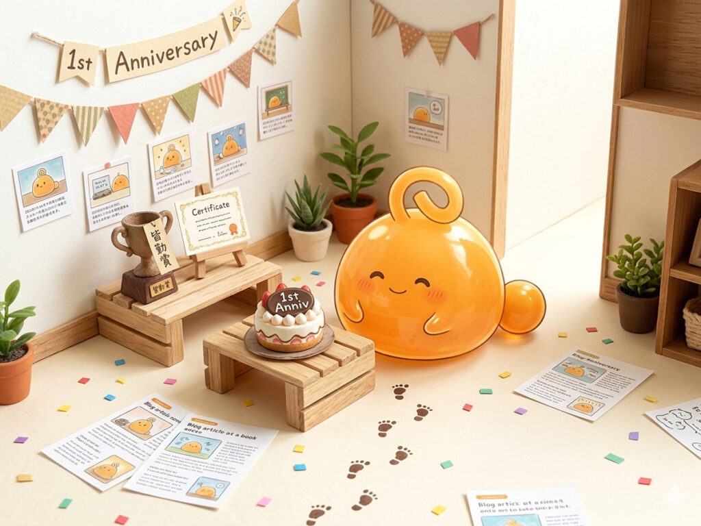 ブログ1周年を小さなケーキと足跡で静かに祝うのりてらスライム