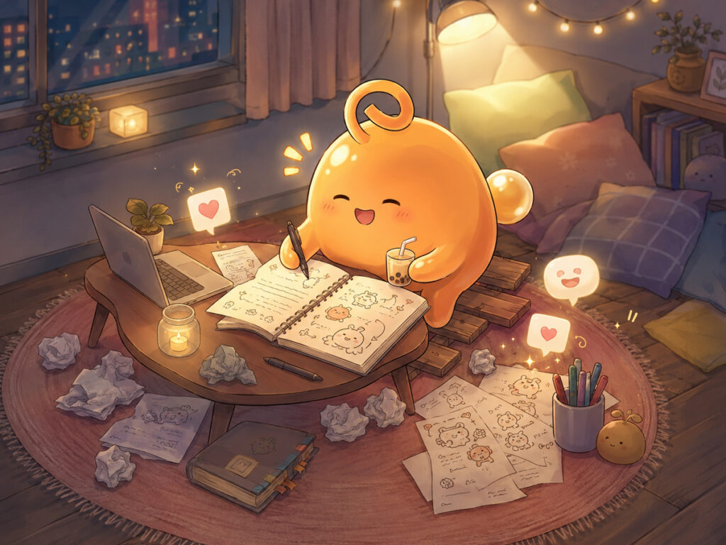 ノートや落書きメモに囲まれながら、ふざけた発想を楽しんで記事を書いているのりてらスライム