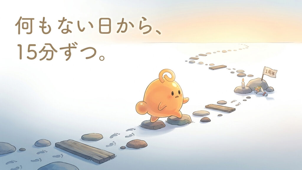 何もない日から15分ずつ歩き出すのりてらスライムと、1周年の小さな旗