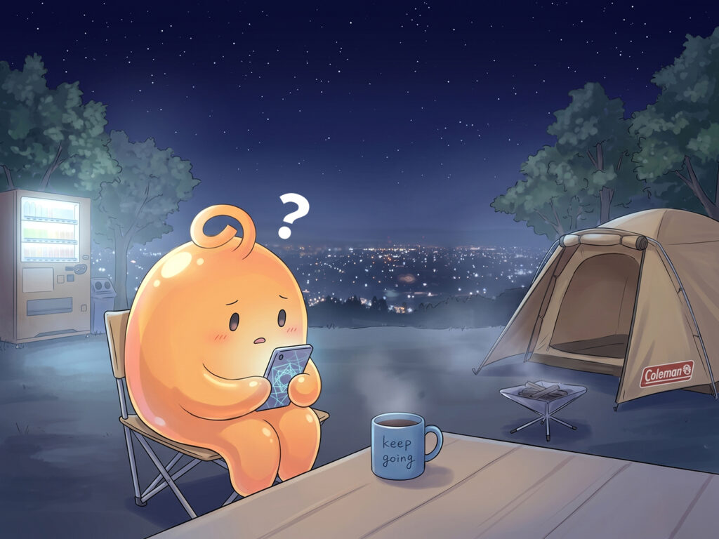 夜中のキャンプ場で夜景を眺めながらスマホで本を読むのりてらスライム