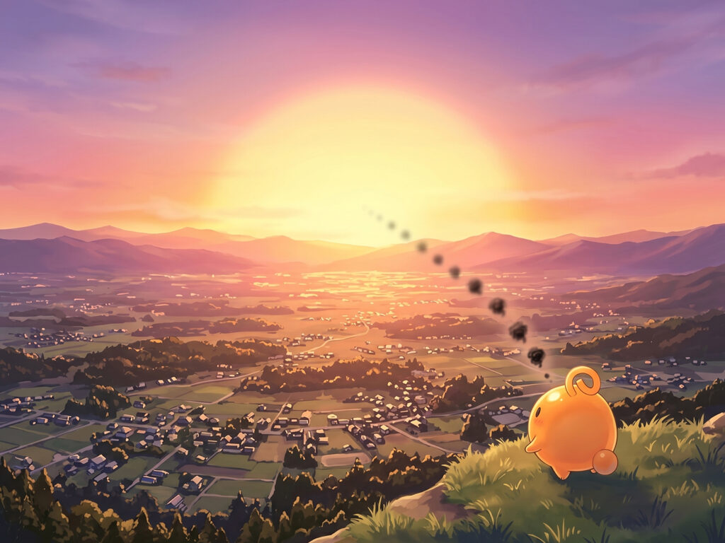 大きな景色の前で悩みが少し遠のく感覚を表したのりてらスライムのイラスト