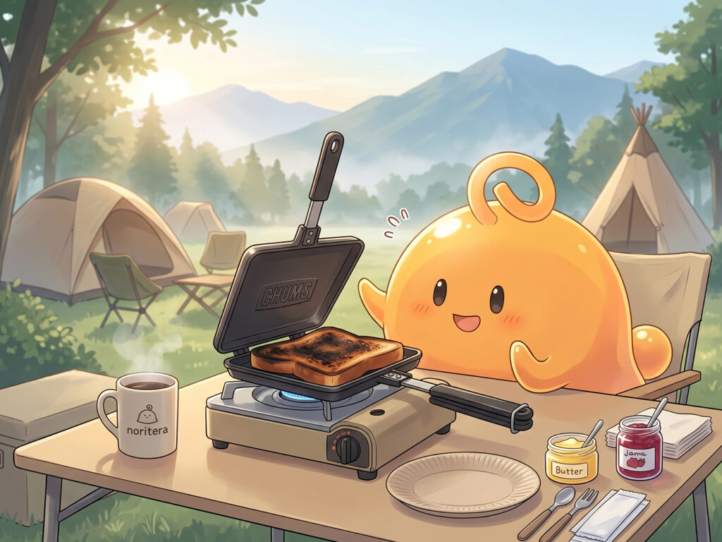 キャンプの朝にガスコンロとホットサンドメーカーで少し焦げたパンを焼くのりてらスライム