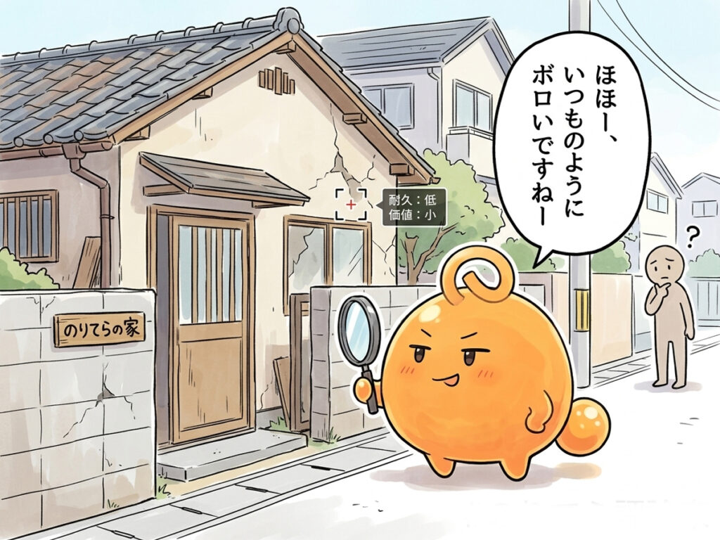 外に出て自分の家を批評するオレンジ色ののりてらスライム