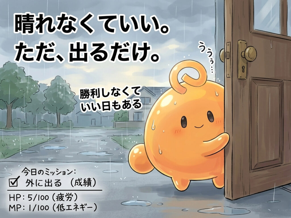 雨の中で外に出るだけでも少し戻れることを表すのりてらスライム