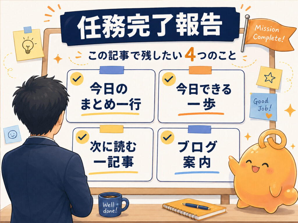 誕生日ミッション準備編の4つのまとめを表した任務完了報告のイラスト