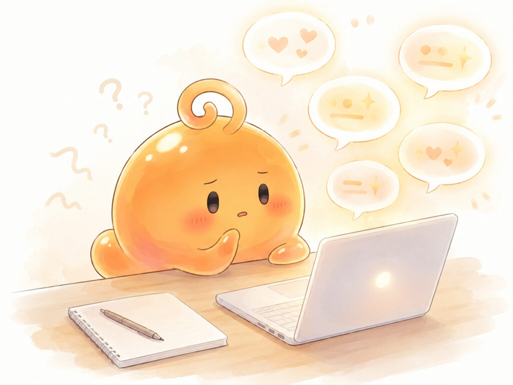 AIから肯定的な反応を受けながら少し戸惑っているのりてらスライム