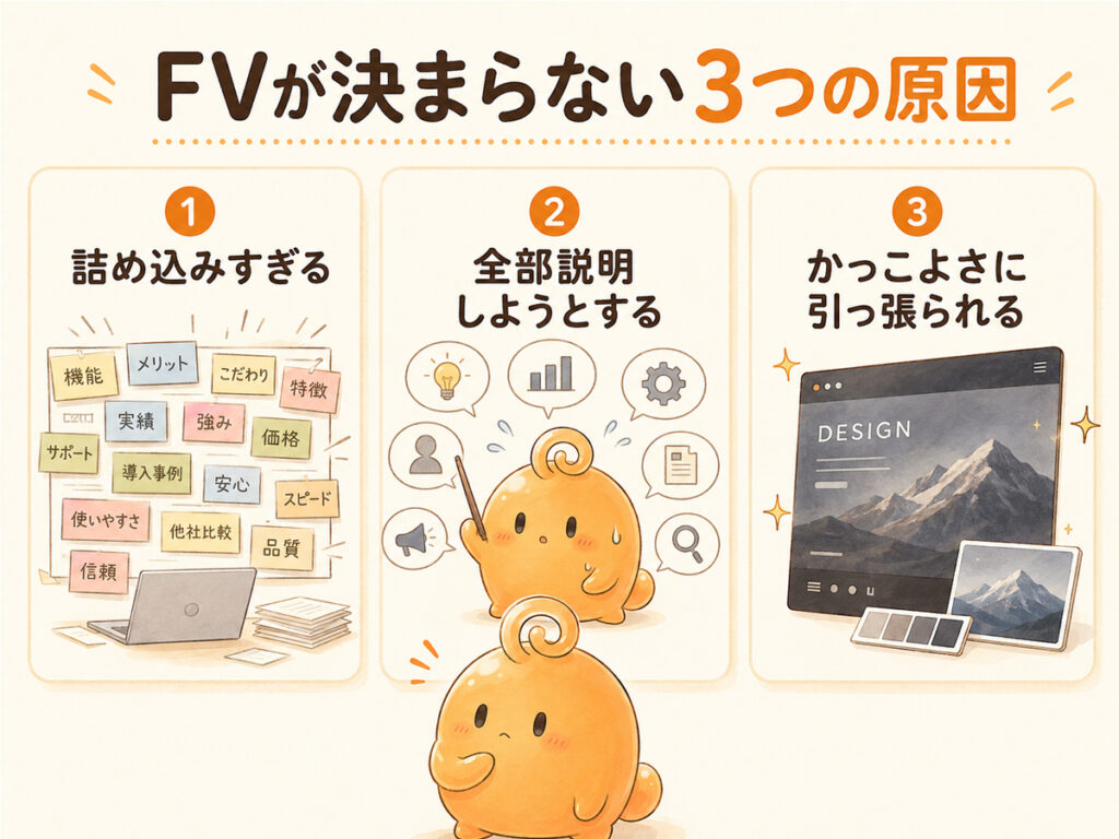 LPのファーストビューが決まらない3つの原因を整理したイラスト